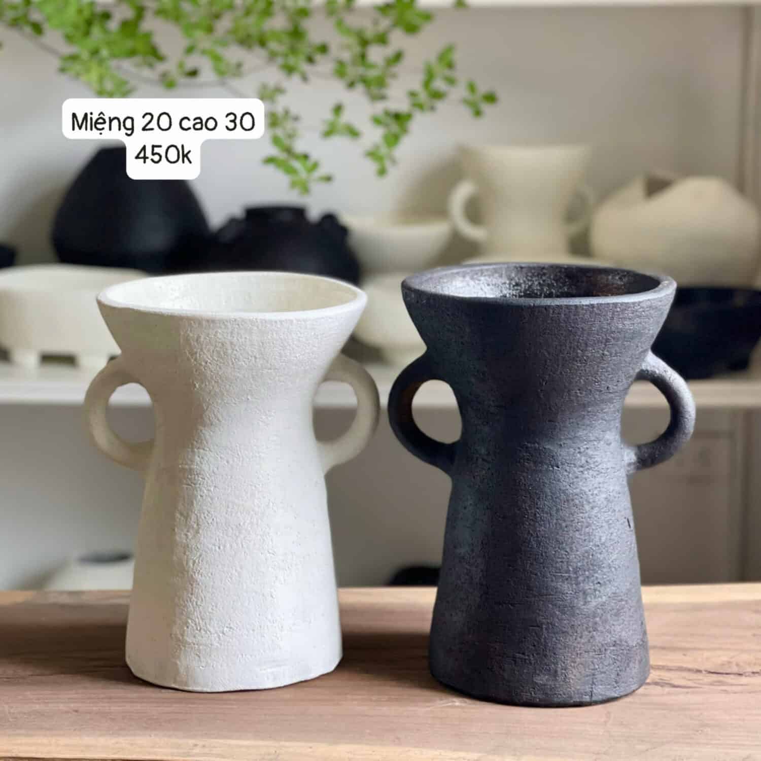 Gốm Chăm - Bình hai tai đen trắng miệng loe M20C30